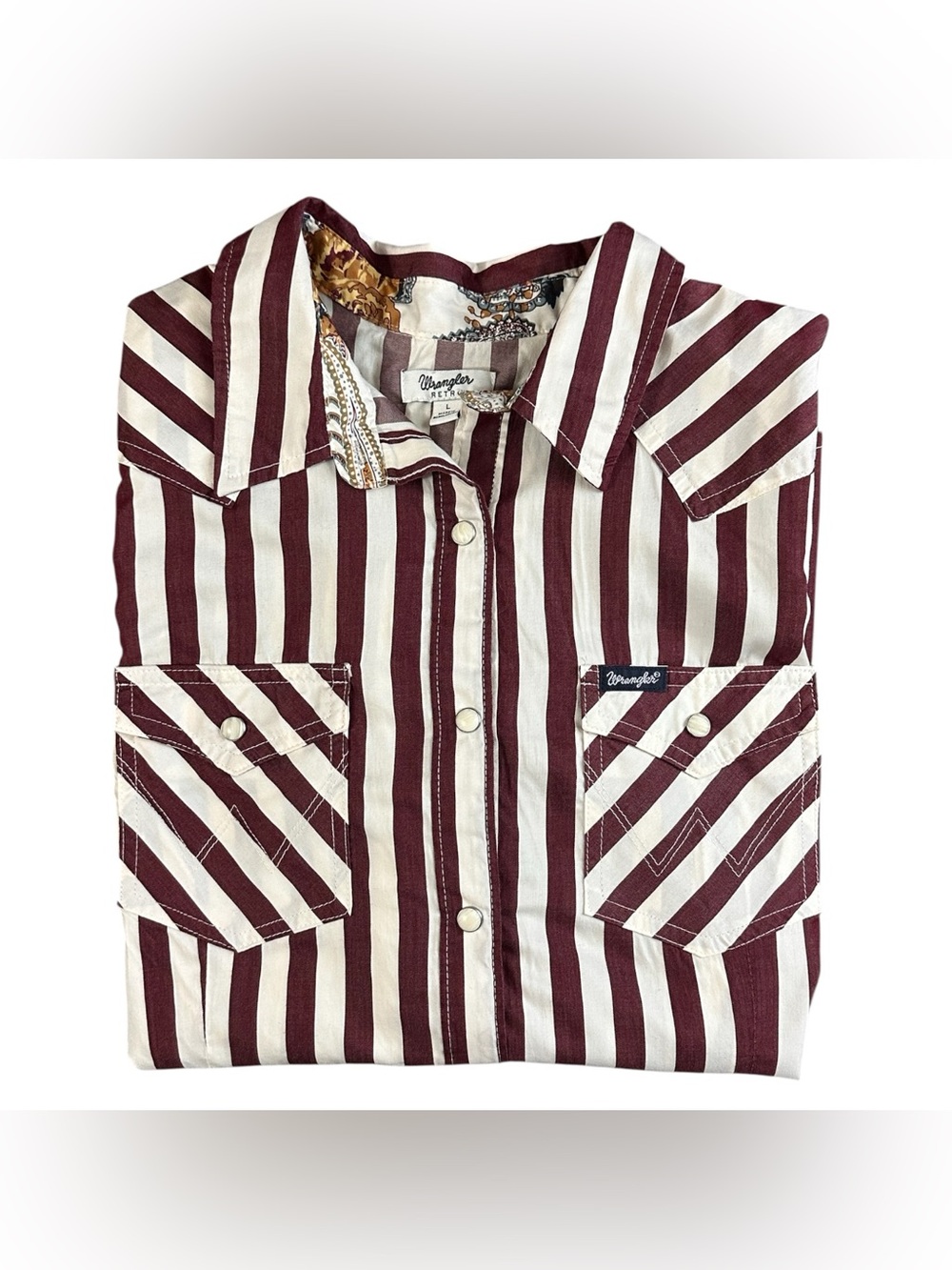 Wrangler Retro Women’s Western Pearl Snap Shirt Burgundy White Striped Size L